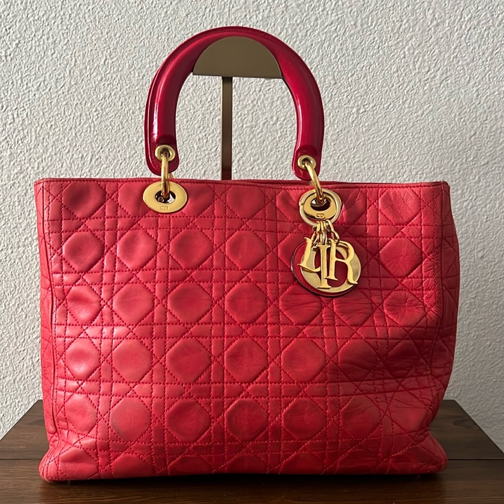 Christian Dior Vintage Red Lady Dior Cannage Quilted Lambskin Leather